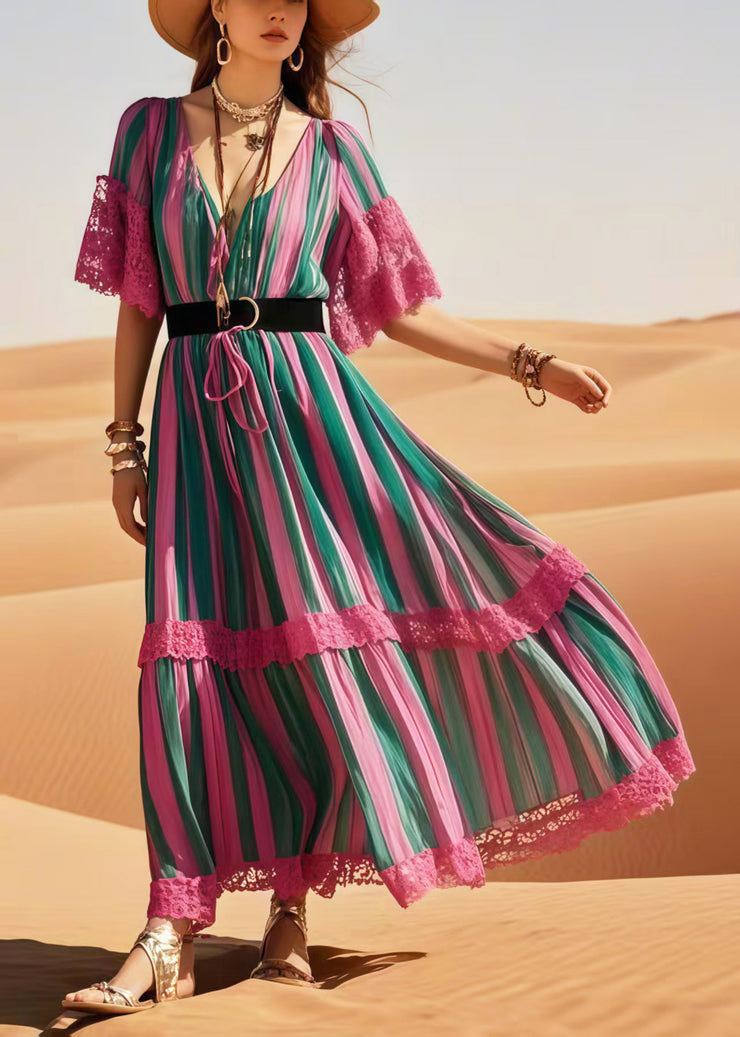 Beautiful Polychrome Striped Patchwork Lace Tunic Dress Summer