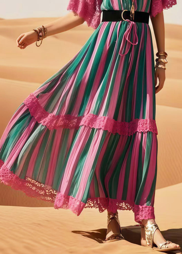 Beautiful Polychrome Striped Patchwork Lace Tunic Dress Summer