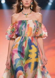 Beautiful Print Chiffon Long Dress Cold Shoulder Summer
