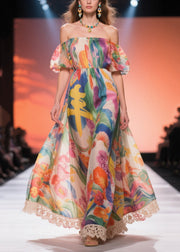 Beautiful Print Chiffon Long Dress Cold Shoulder Summer