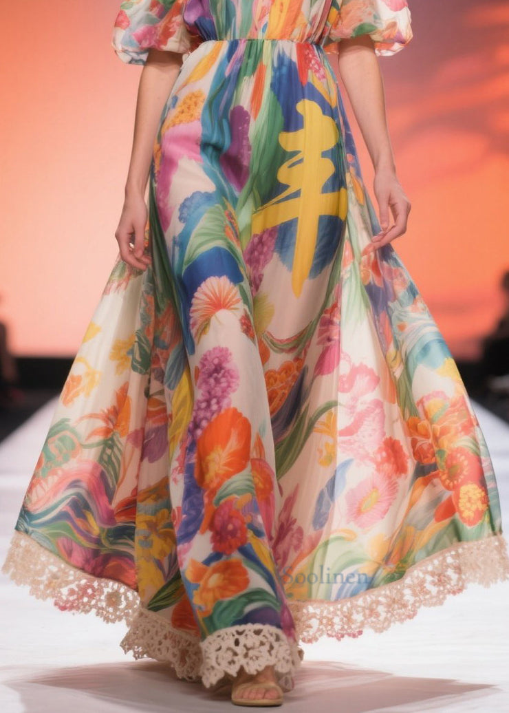 Beautiful Print Chiffon Long Dress Cold Shoulder Summer