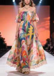 Beautiful Print Chiffon Long Dress Cold Shoulder Summer