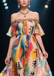 Beautiful Print Exra Large Hem Chiffon Cold Shoulder Dress Summer