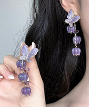 Beautiful Purple Alloy Ringflower Butterfly Tassel Drop Earrings