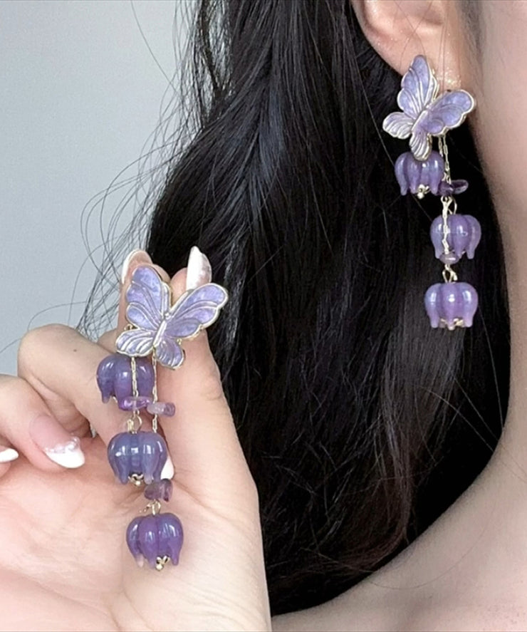 Beautiful Purple Alloy Ringflower Butterfly Tassel Drop Earrings