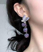Beautiful Purple Alloy Ringflower Butterfly Tassel Drop Earrings