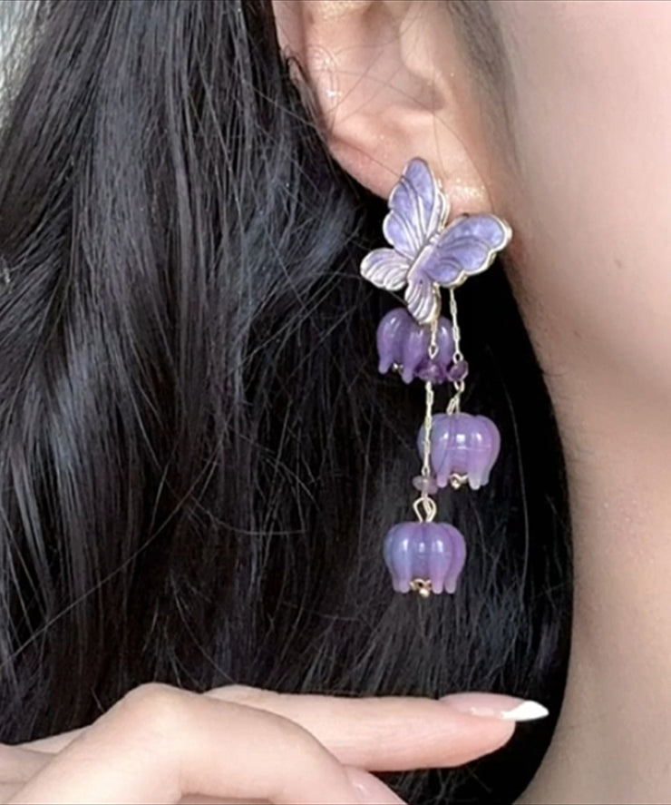 Beautiful Purple Alloy Ringflower Butterfly Tassel Drop Earrings