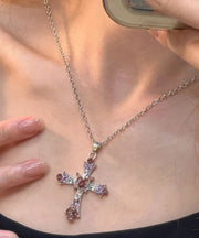 Beautiful Purple Alloy Zircon Cross Lariat Necklace