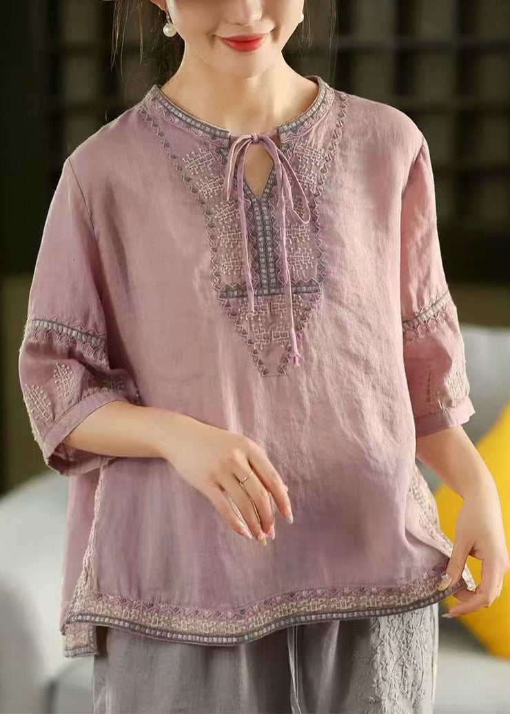 Beautiful Purple Embroidered Linen Shirt Top Summer