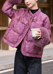 Beautiful Purple Jacquard Patchwork Fox Fur Duck Down Jackets Winter