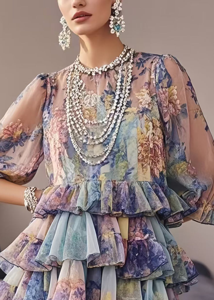 Beautiful Purple Ruffles Print Chiffon Party Dresses Summer