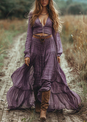 Beautiful Purple V Neck Hollow Out Wrinkled Cotton Maxi Dress Spring