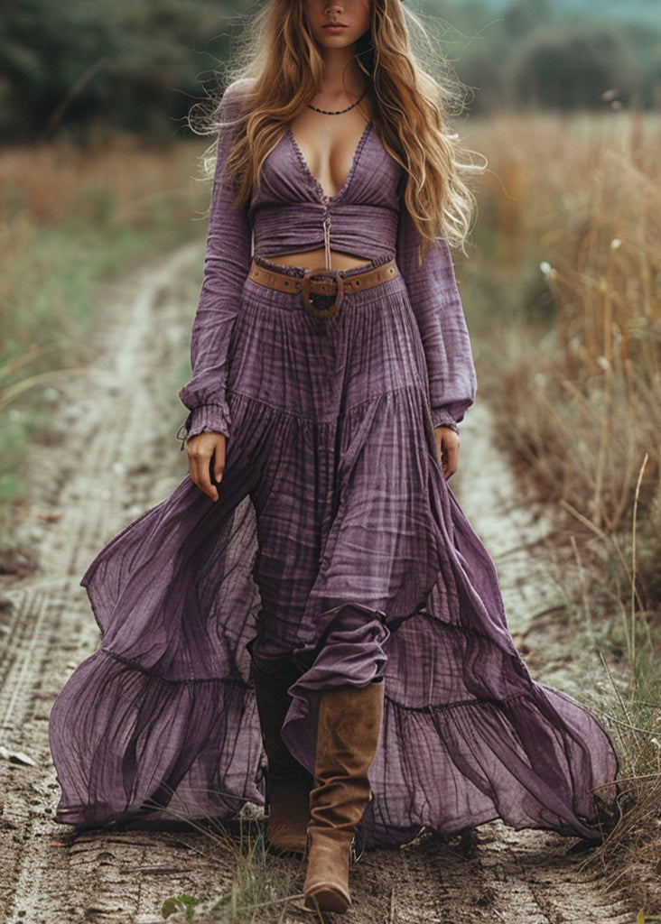 Beautiful Purple V Neck Hollow Out Wrinkled Cotton Maxi Dress Spring