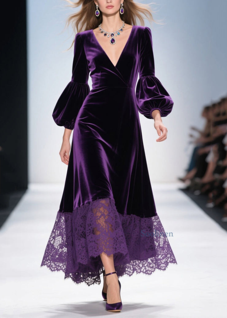 Beautiful Purple V Neck Lace Patchwork Velvet Dress Fall