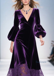 Beautiful Purple V Neck Lace Patchwork Velvet Dress Fall