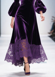 Beautiful Purple V Neck Lace Patchwork Velvet Dress Fall