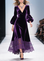 Beautiful Purple V Neck Lace Patchwork Velvet Dress Fall