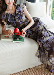 Beautiful Purple V Neck Print High Waist Chiffon Dress Summer
