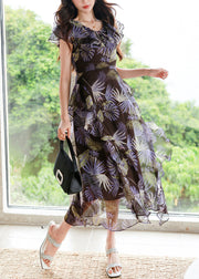 Beautiful Purple V Neck Print High Waist Chiffon Dress Summer