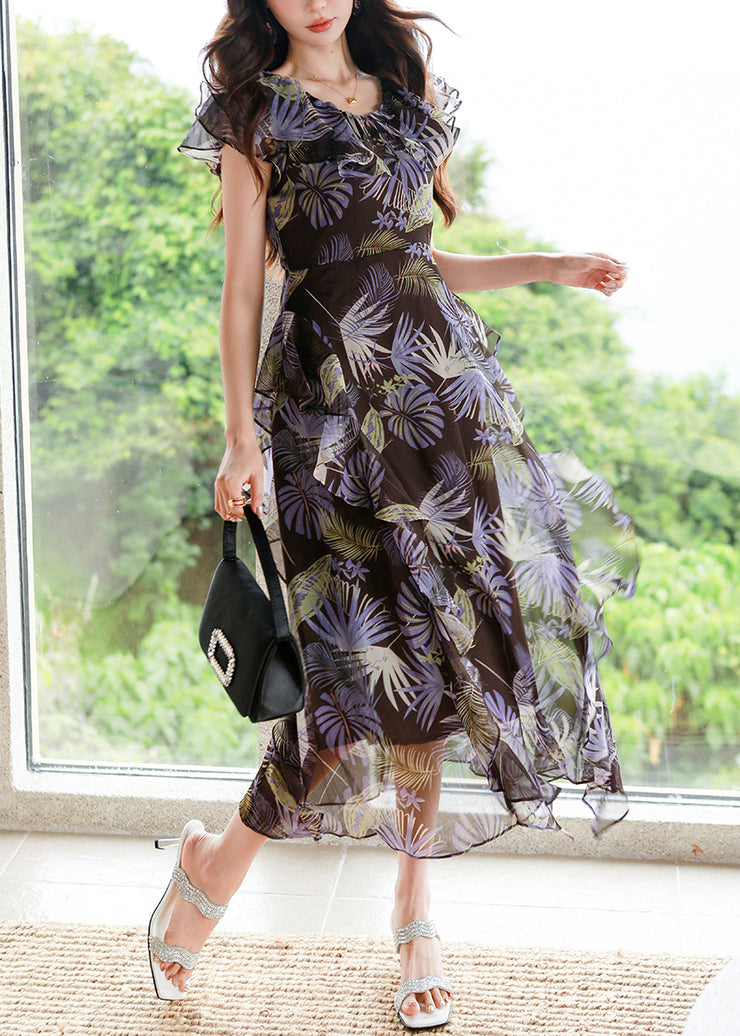 Beautiful Purple V Neck Print High Waist Chiffon Dress Summer