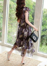 Beautiful Purple V Neck Print High Waist Chiffon Dress Summer