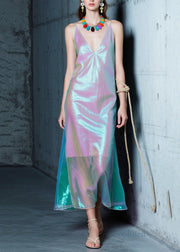 Beautiful Purple V Neck Silk Spaghetti Strap Dress Summer