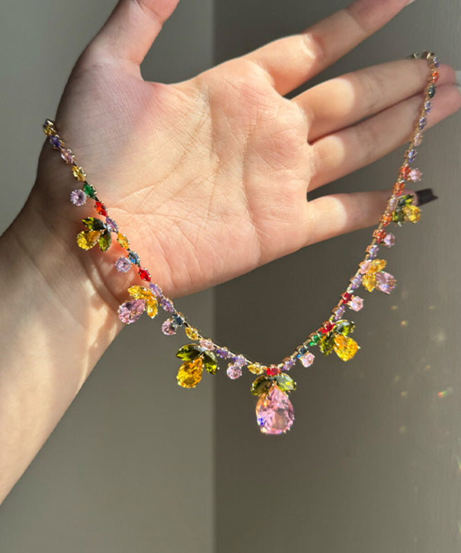 Beautiful Rainbow Alloy Zircon Floral Water Drop Pendant Necklace