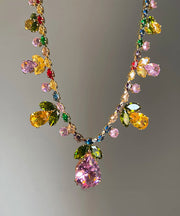 Beautiful Rainbow Alloy Zircon Floral Water Drop Pendant Necklace