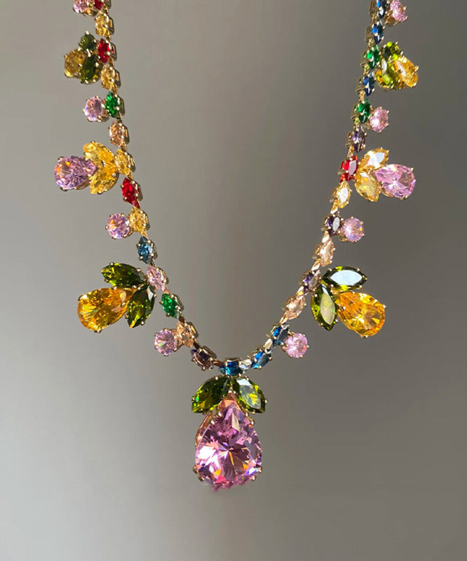 Beautiful Rainbow Alloy Zircon Floral Water Drop Pendant Necklace