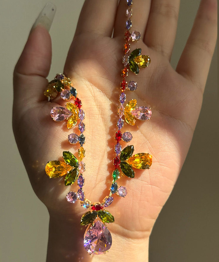 Beautiful Rainbow Alloy Zircon Floral Water Drop Pendant Necklace