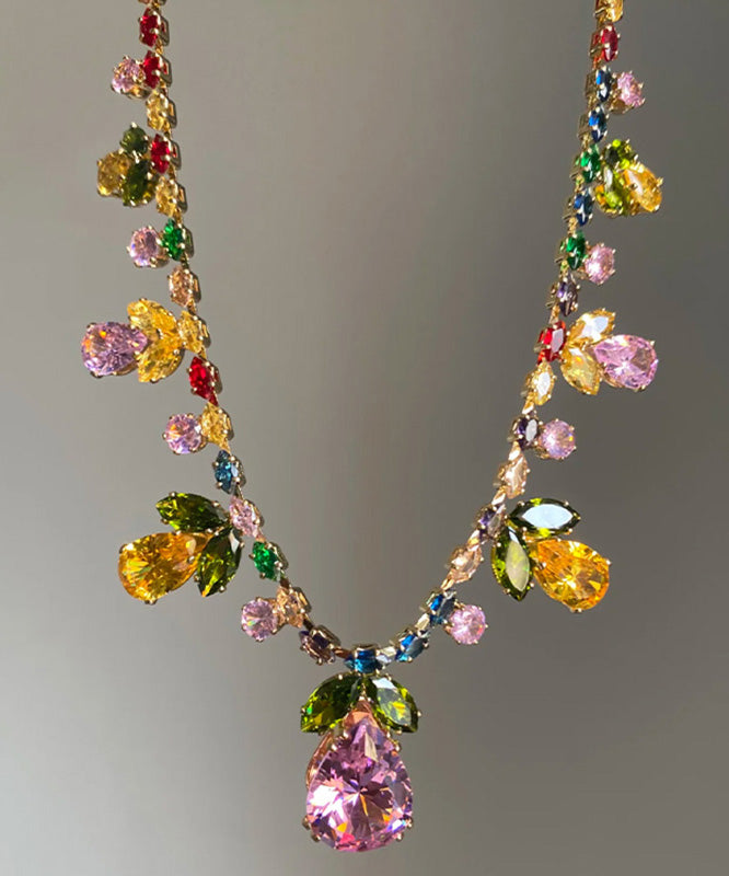 Beautiful Rainbow Alloy Zircon Floral Water Drop Pendant Necklace