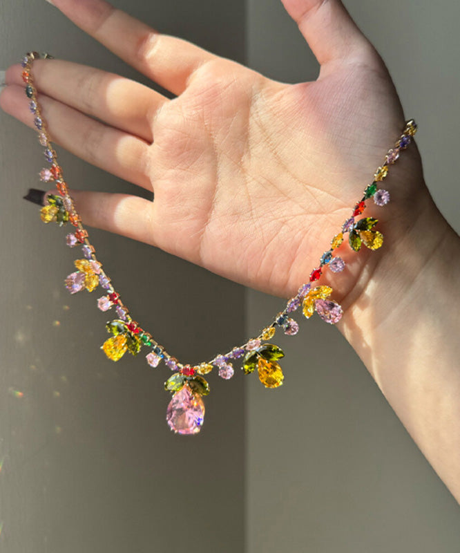 Beautiful Rainbow Alloy Zircon Floral Water Drop Pendant Necklace