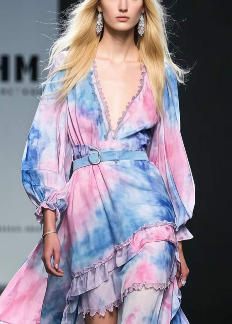 Beautiful Rainbow Asymmetrical Tie Dye Chiffon Tunic Dress Spring