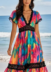 Beautiful Rainbow Cinched Patchwork Chiffon Vacation Dresses Summer