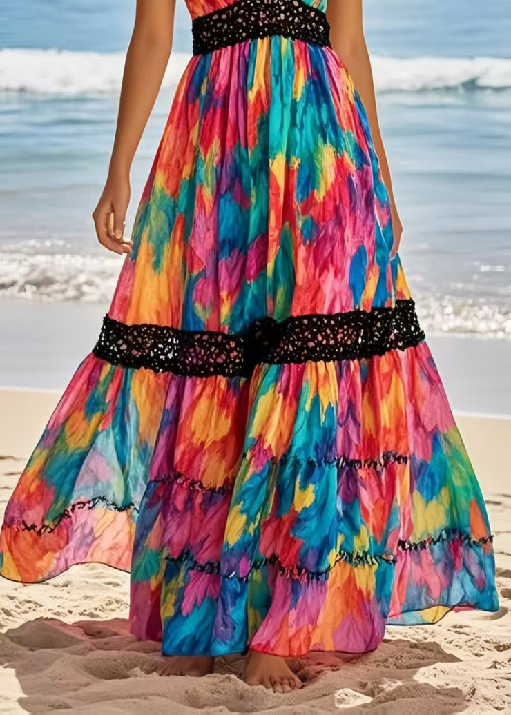 Beautiful Rainbow Cinched Patchwork Chiffon Vacation Dresses Summer