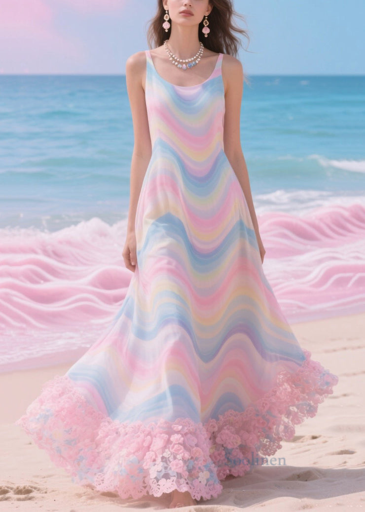 Beautiful Rainbow Patchwork Flower Lace Chiffon Beach Dress Summer