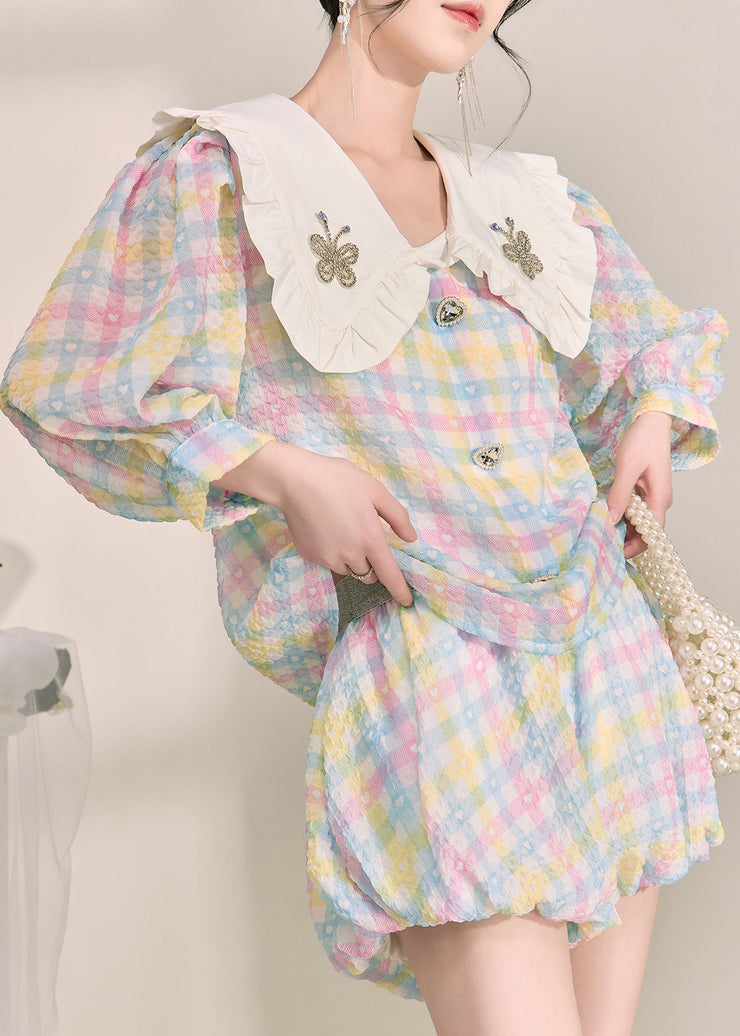 Beautiful Rainbow Peter Pan Collar Striped Cotton Shirts And Shorts Two Pieces Set Fall