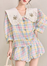 Beautiful Rainbow Peter Pan Collar Striped Cotton Shirts And Shorts Two Pieces Set Fall
