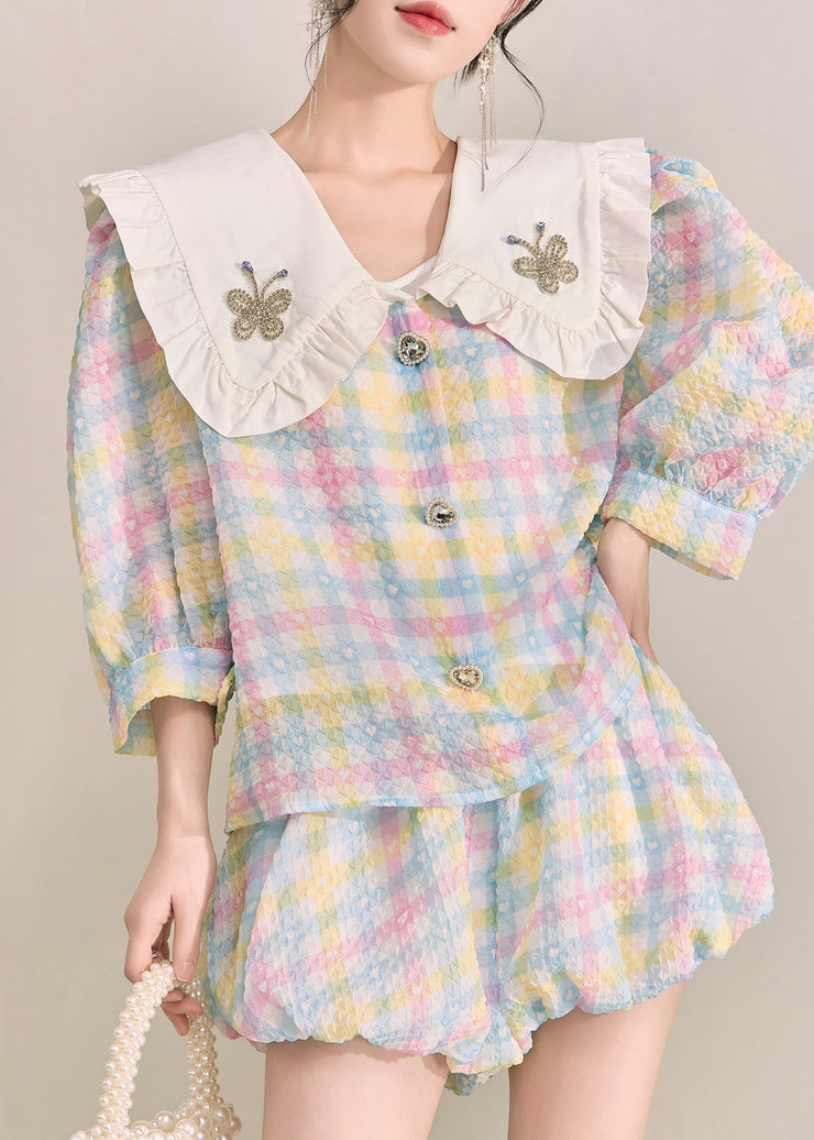 Beautiful Rainbow Peter Pan Collar Striped Cotton Shirts And Shorts Two Pieces Set Fall