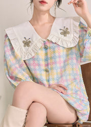Beautiful Rainbow Peter Pan Collar Striped Cotton Shirts And Shorts Two Pieces Set Fall