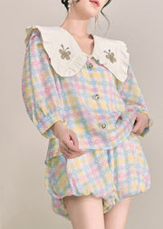 Beautiful Rainbow Peter Pan Collar Striped Cotton Shirts And Shorts Two Pieces Set Fall