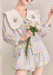Beautiful Rainbow Peter Pan Collar Striped Cotton Shirts And Shorts Two Pieces Set Fall
