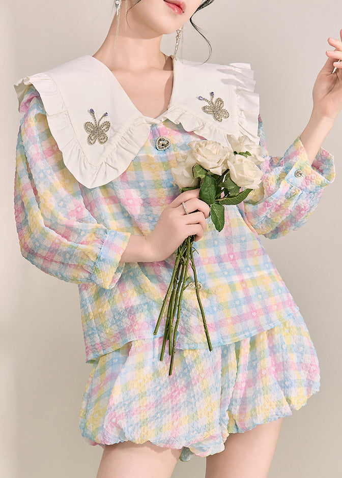 Beautiful Rainbow Peter Pan Collar Striped Cotton Shirts And Shorts Two Pieces Set Fall