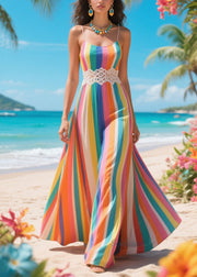 Beautiful Rainbow Striped Chiffon Spaghetti Strap Dress Summer