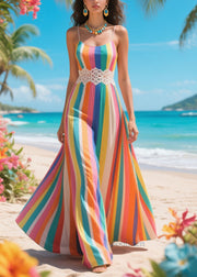 Beautiful Rainbow Striped Chiffon Spaghetti Strap Dress Summer