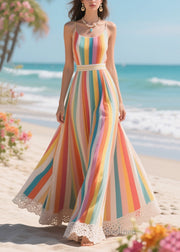 Beautiful Rainbow Striped Patchwork Lace Chiffon Cami Dresses Summer