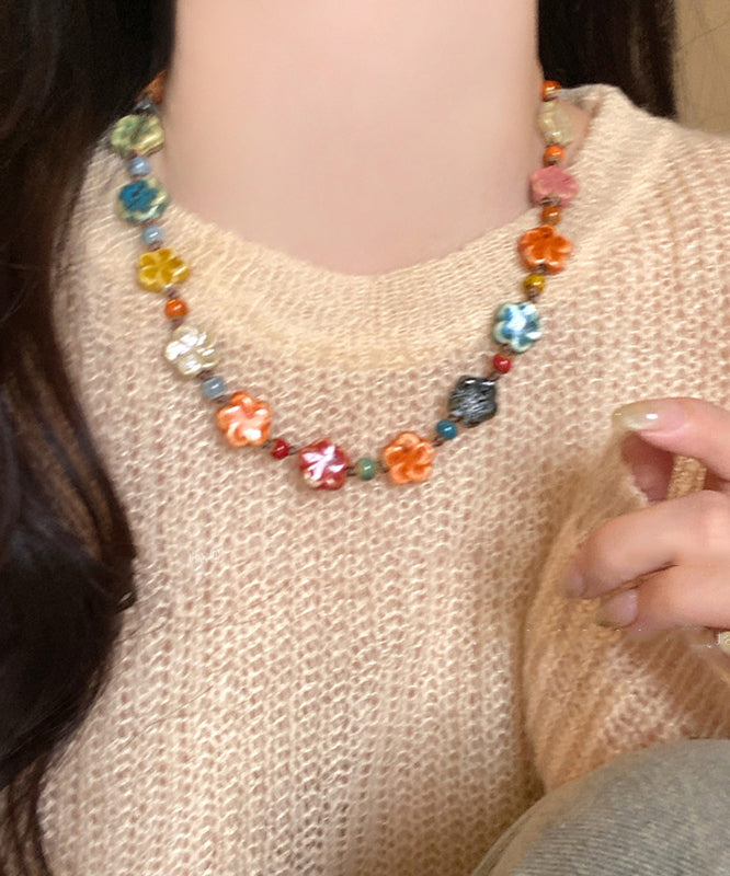 Beautiful Rainbow Weave Ceramics Floral Gratuated Bead Necklace