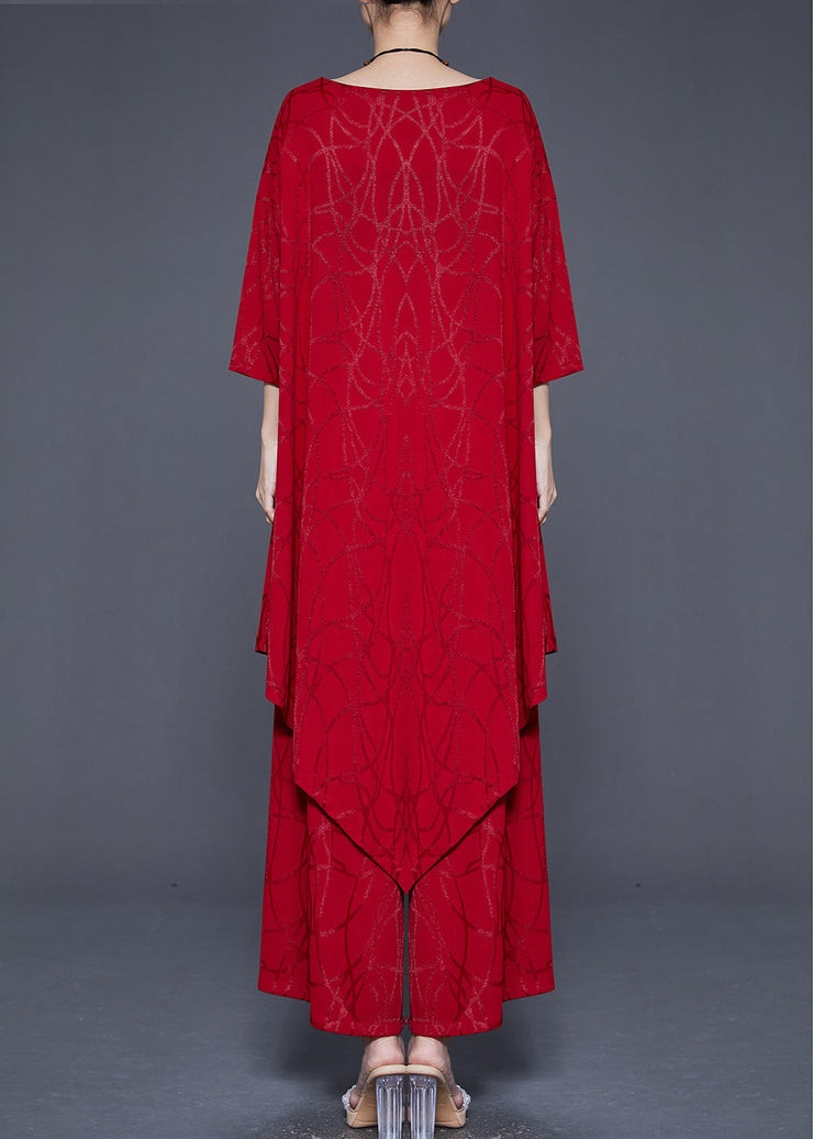 Beautiful Red Asymmetrical Oversized Silk Two Pieces Set Summer