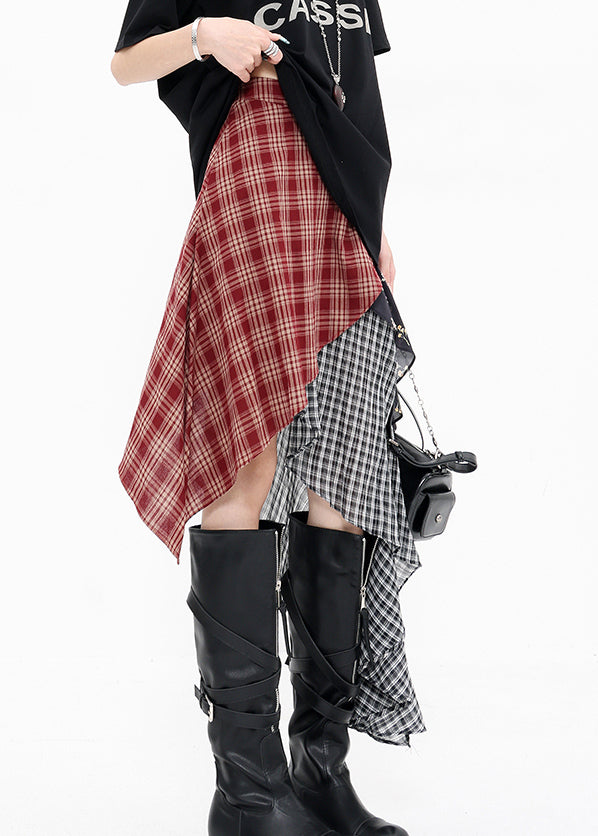 Beautiful Red Asymmetrical Plaid Cotton Skirts Summer