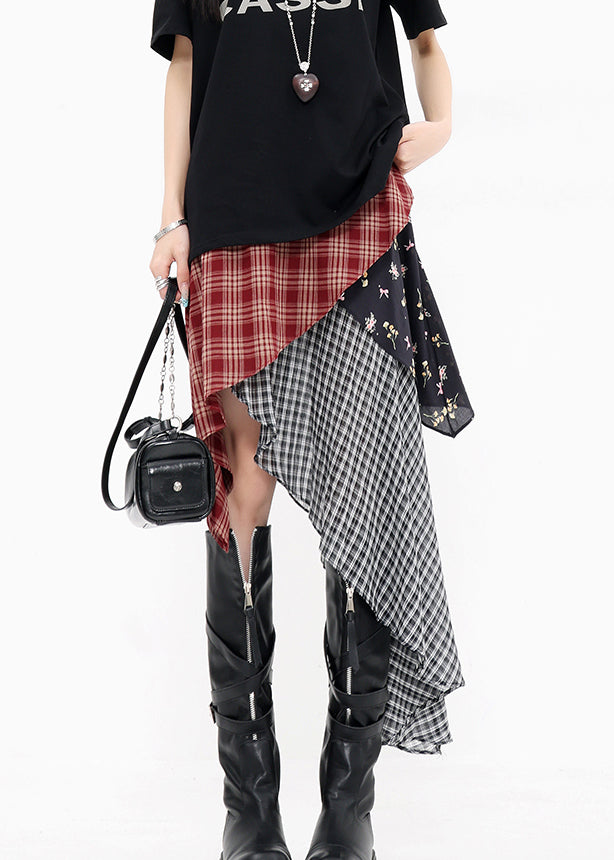 Beautiful Red Asymmetrical Plaid Cotton Skirts Summer